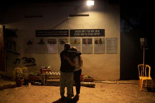 Residents of the Kfar Aza kibbutz gather to commemorate the second anniversary of the 7 October Hamas attacks